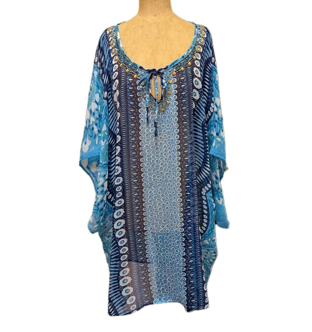 NWT Theodora & Callum Blue Beaded Tunic Top Cover-Up L/XL Sheer Discontinued